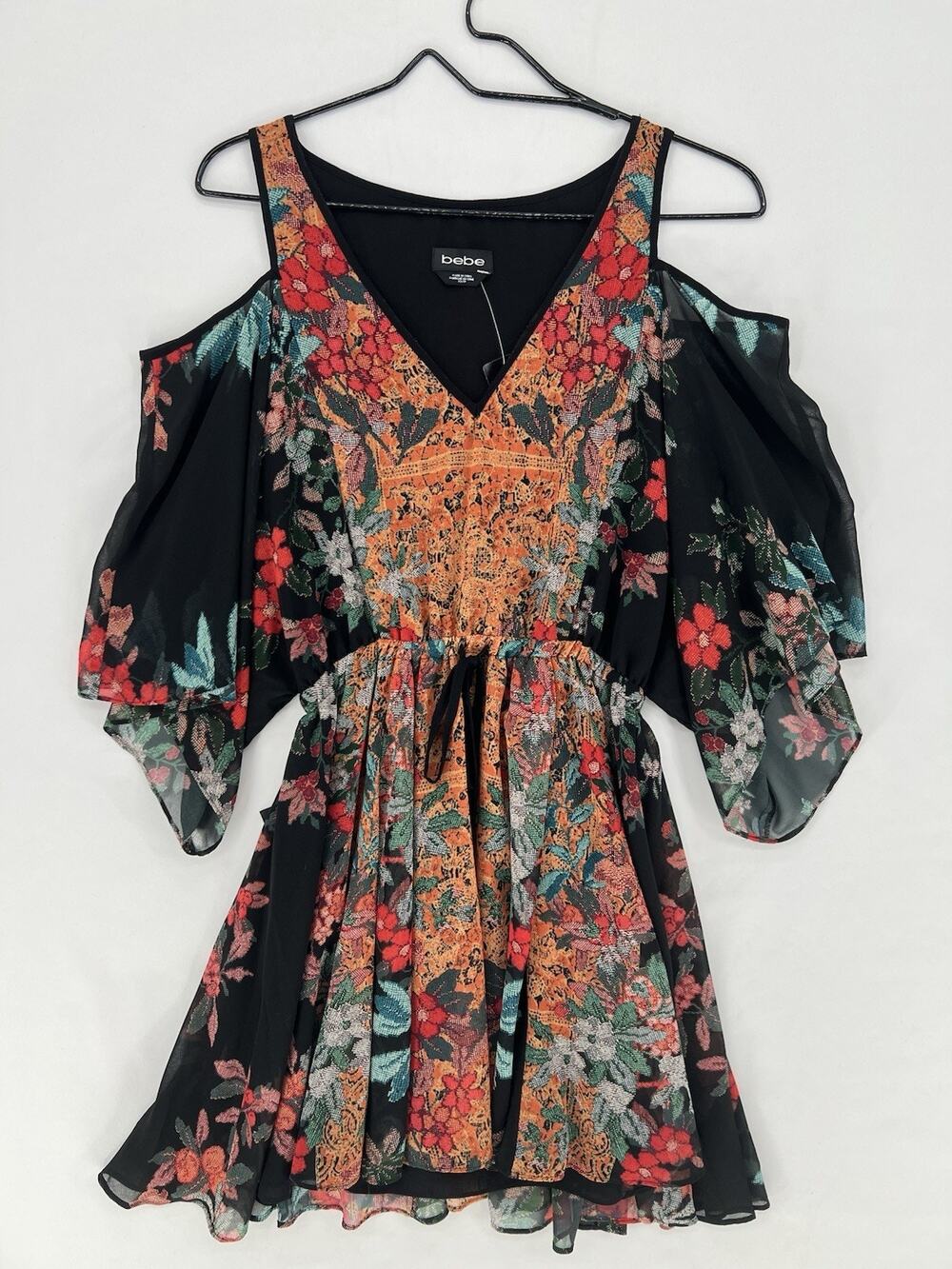 NWT Bebe Floral Cold Shoulder Dress XS Black Boho Chiffon Mini Flowy Bell Sleeve